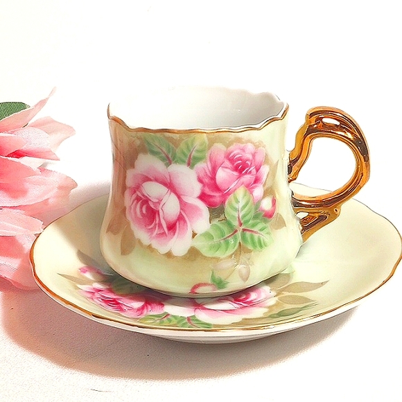 ◀️ Lefton Heritage Green/Heritage Roses Demitasse Cups w/Saucers - Picture 3 of 11